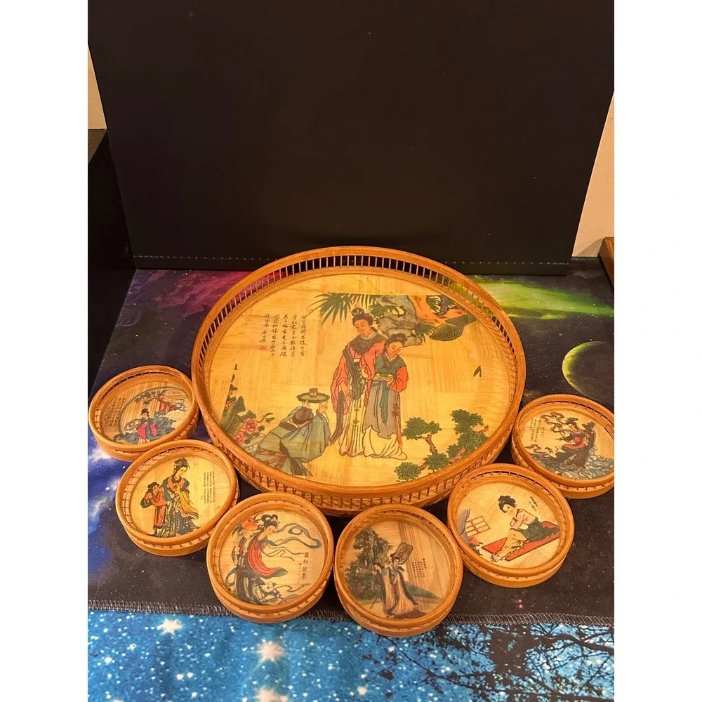 Vintage Bamboo Coaster Set with Tray Chinese Art Figures 7 Piece Set 11 Inch
